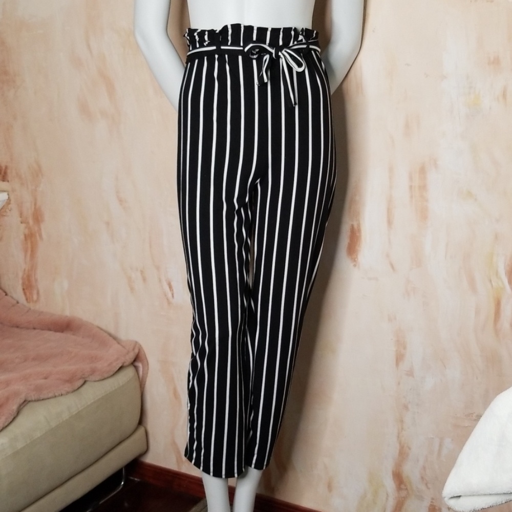 Black Striped Front Tie Pants Size Large - Picture 2 of 5
